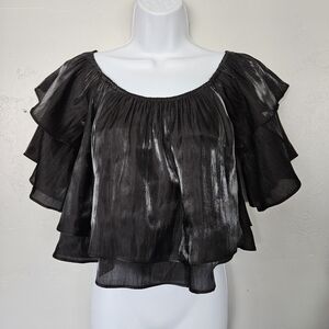 Mittoshop NWOT Womens Small Black Shiny Pleated Crop Top Blouse Off the Shoulder